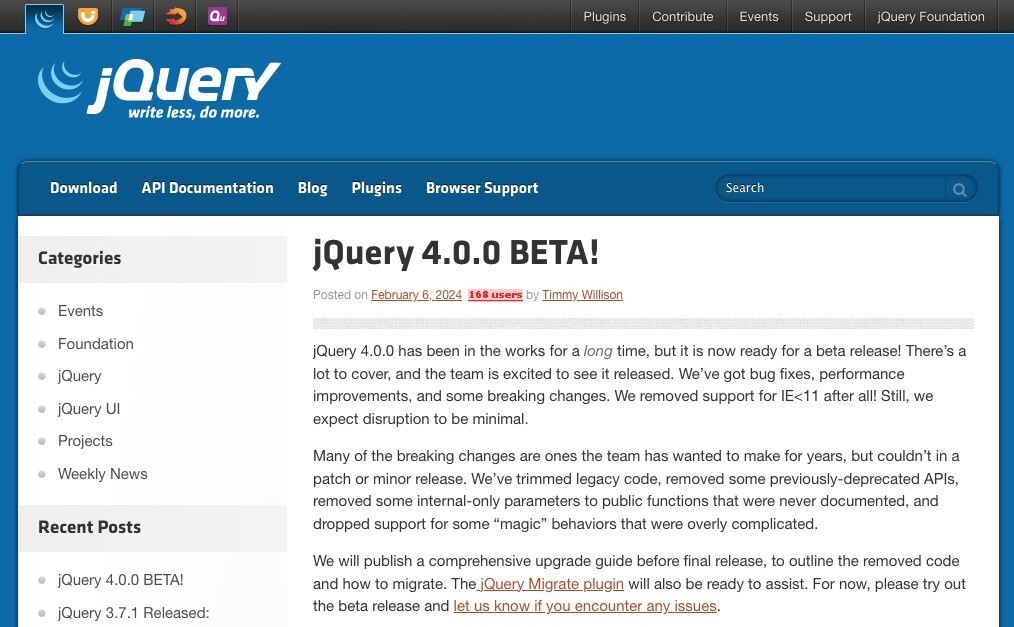 jQuery 4.0.0 BETAがリリース - IE 10にグッバイ | ソフトアンテナ