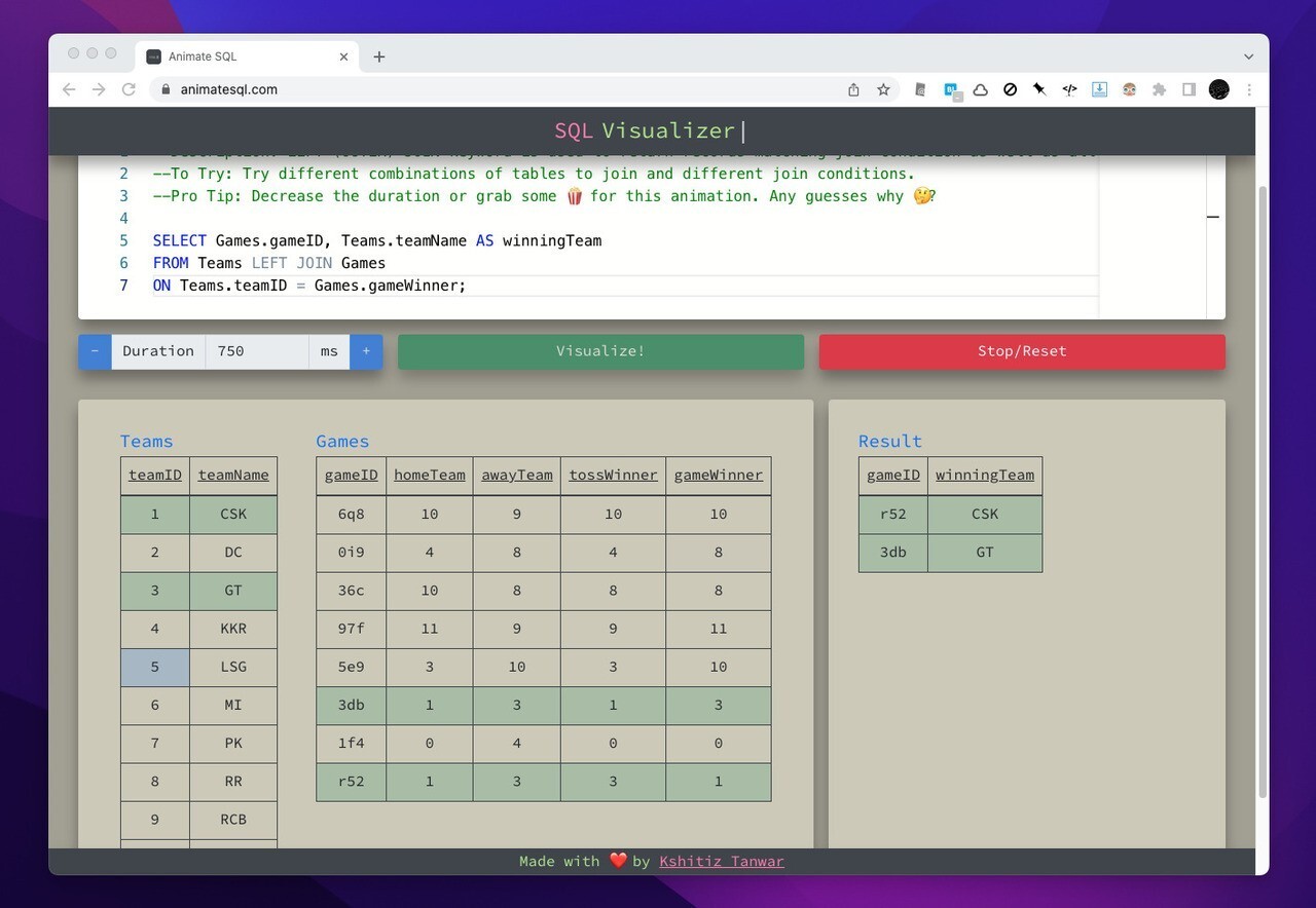 Visualize SQL Queries - SQLクエリをアニメーションでわかりやすく視覚化かしてくれるWebサービス | ソフトアンテナ