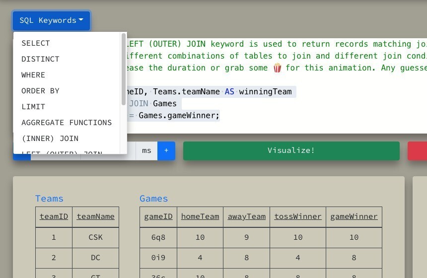 Visualize SQL Queries - SQLクエリをアニメーションでわかりやすく視覚化かしてくれるWebサービス | ソフトアンテナ