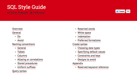 SQL style guide by Simon Holywell