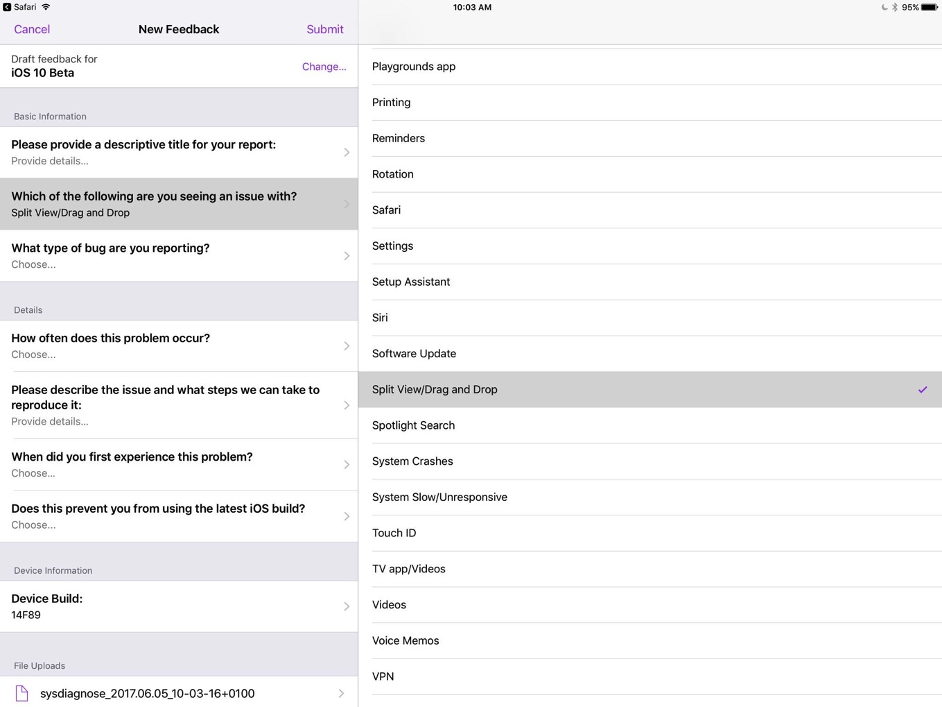 Apple Feedback app drag and drop references