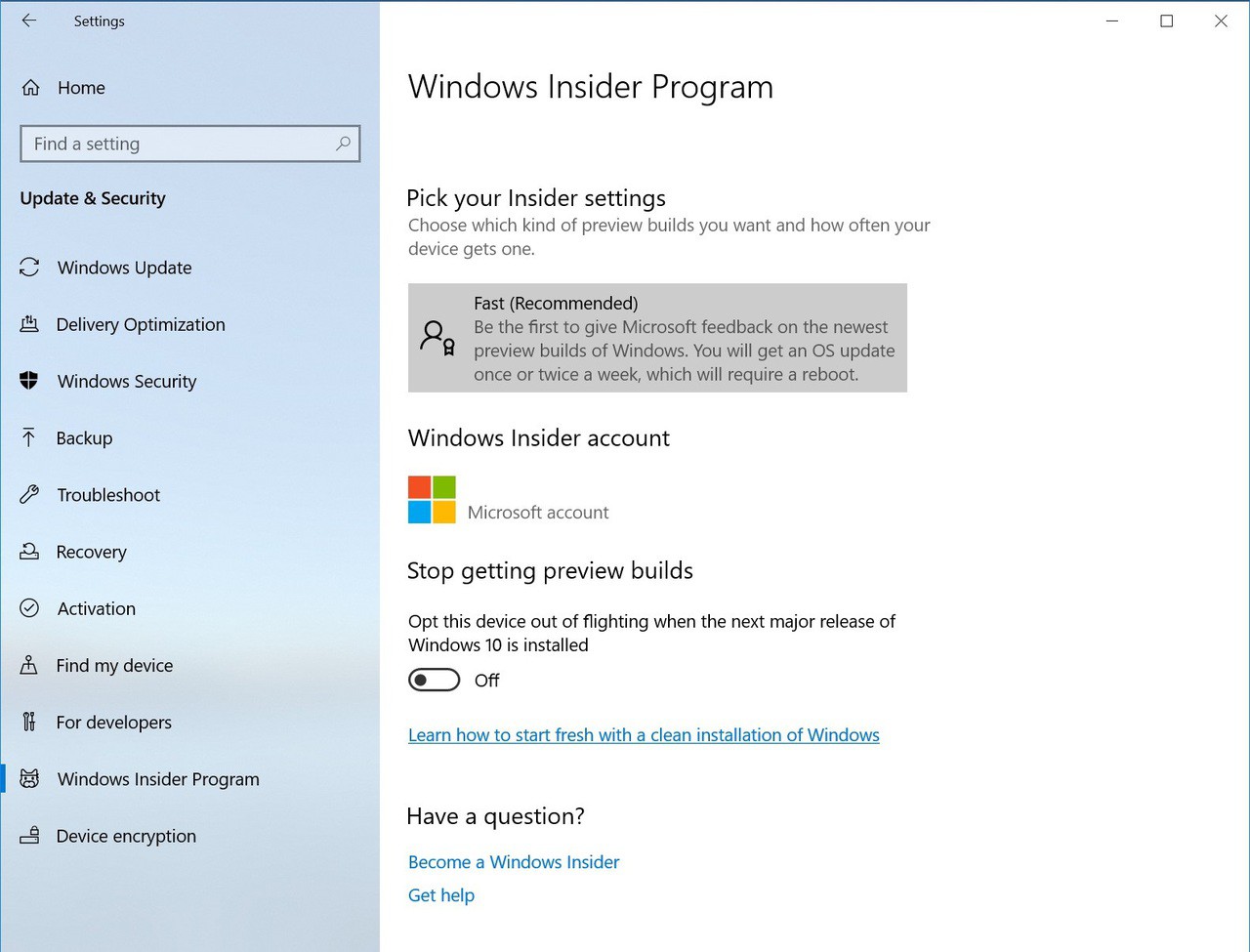 Windows insider settings