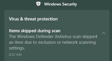 Windows Defender scan skipped