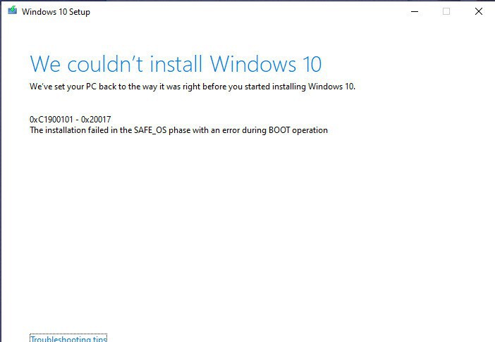 We couldnt install Windows 0xC1900101 0x20017 1