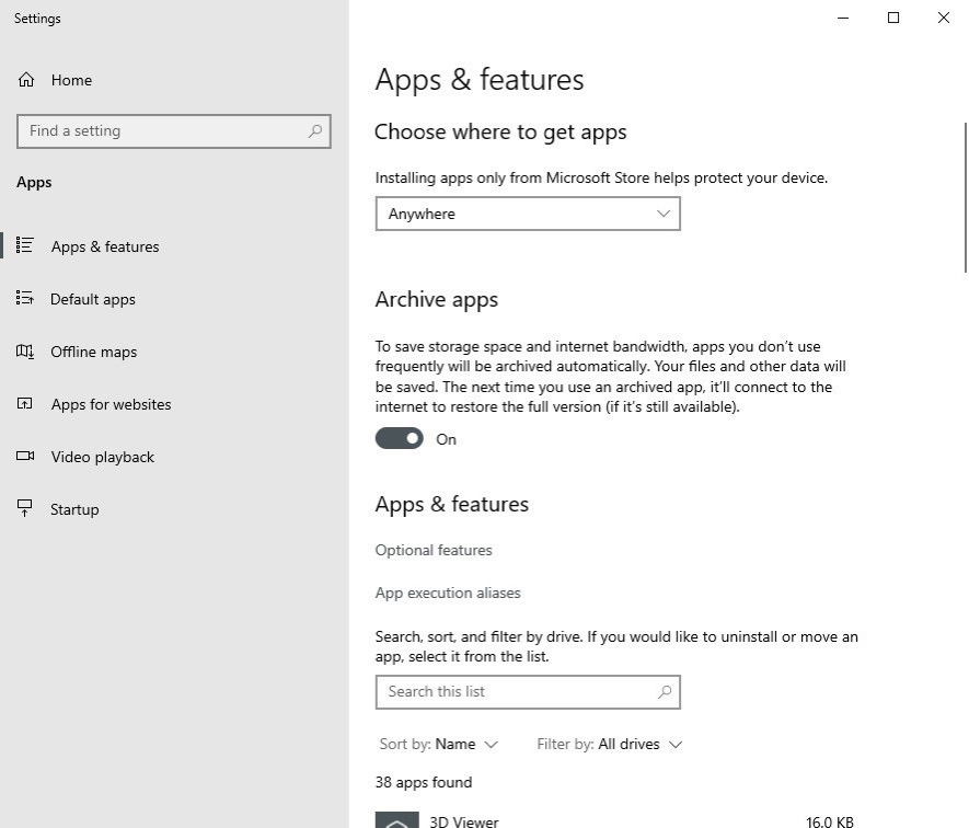 Archive apps in Windows 10