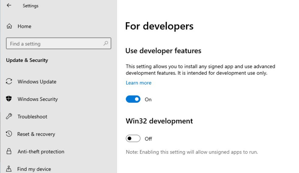 Windows 10X developer settings