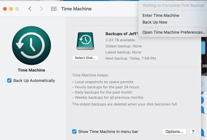 Time machine initial backup error