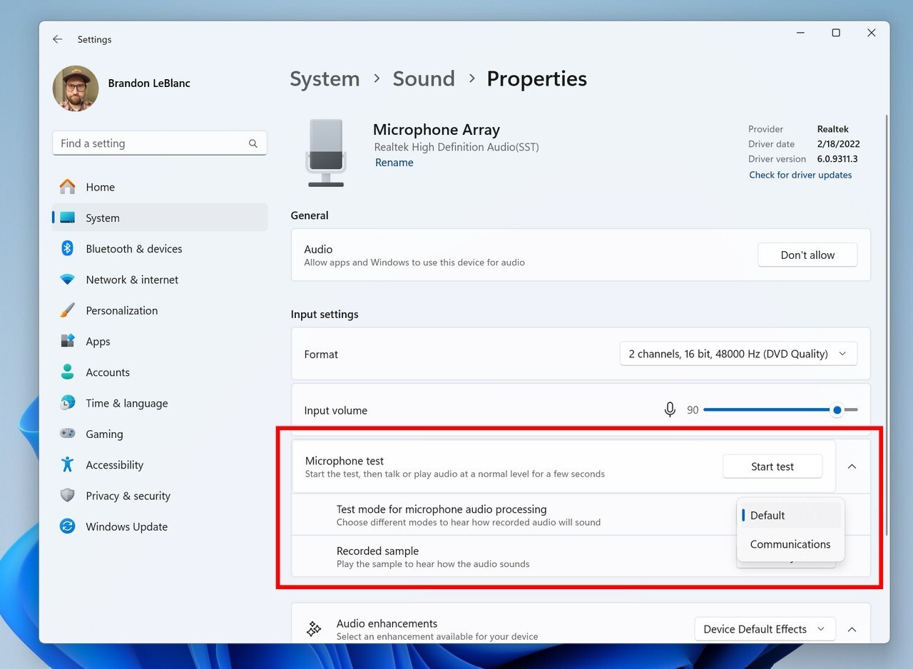 Mic test settings