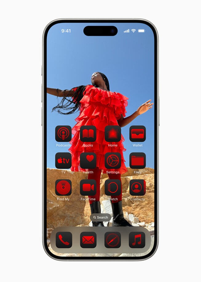 Apple WWDC24 iOS 18 Home Screen dark effect tinted red 240610 inline jpg large