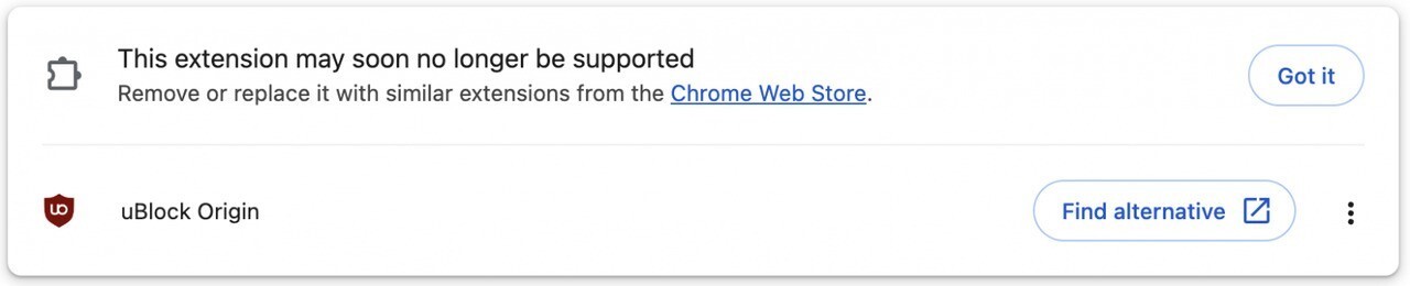 Google Chrome ublock origin MV3 warning