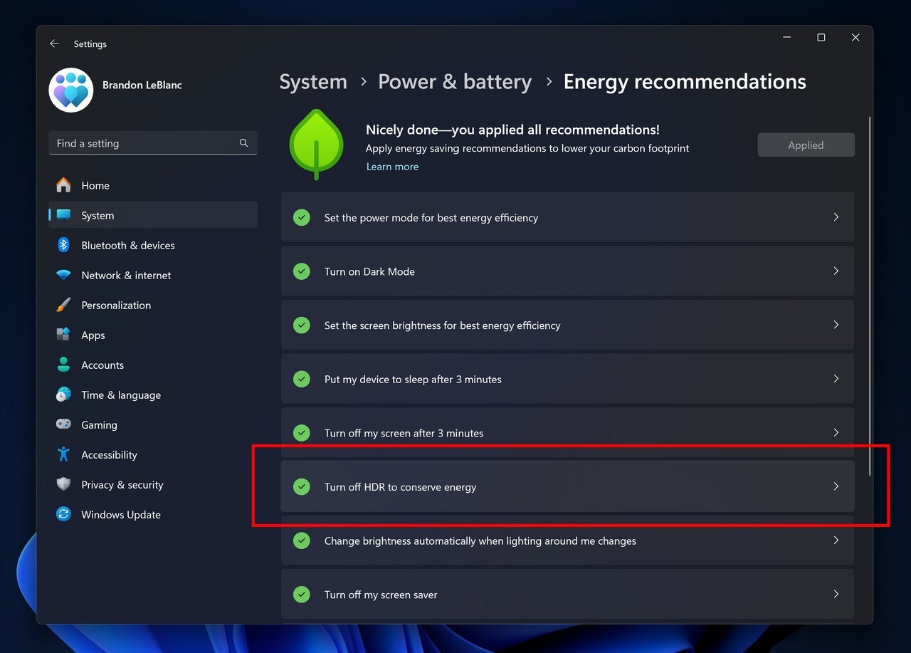 Hdr energy recommendation