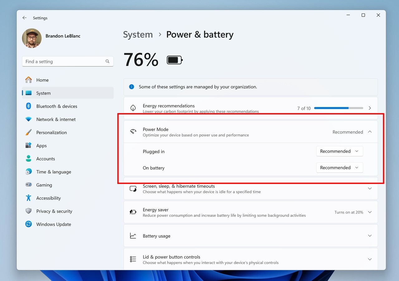 Power battery settings changes