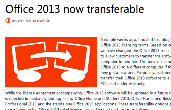Office News  Office 2013 now transferable